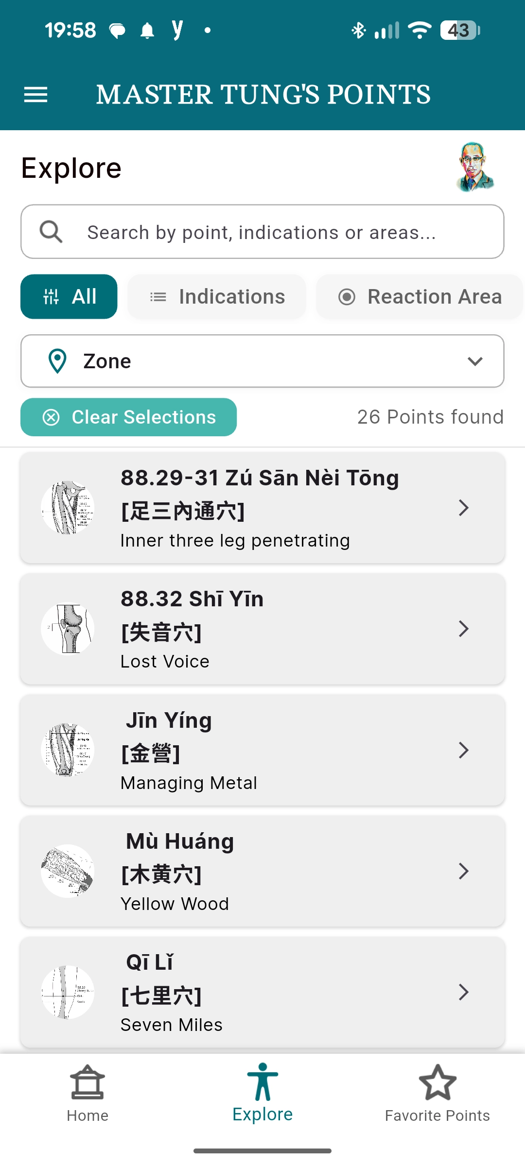 Browsing the Master Tung's Points library by zone, filtered by indications and reaction area
