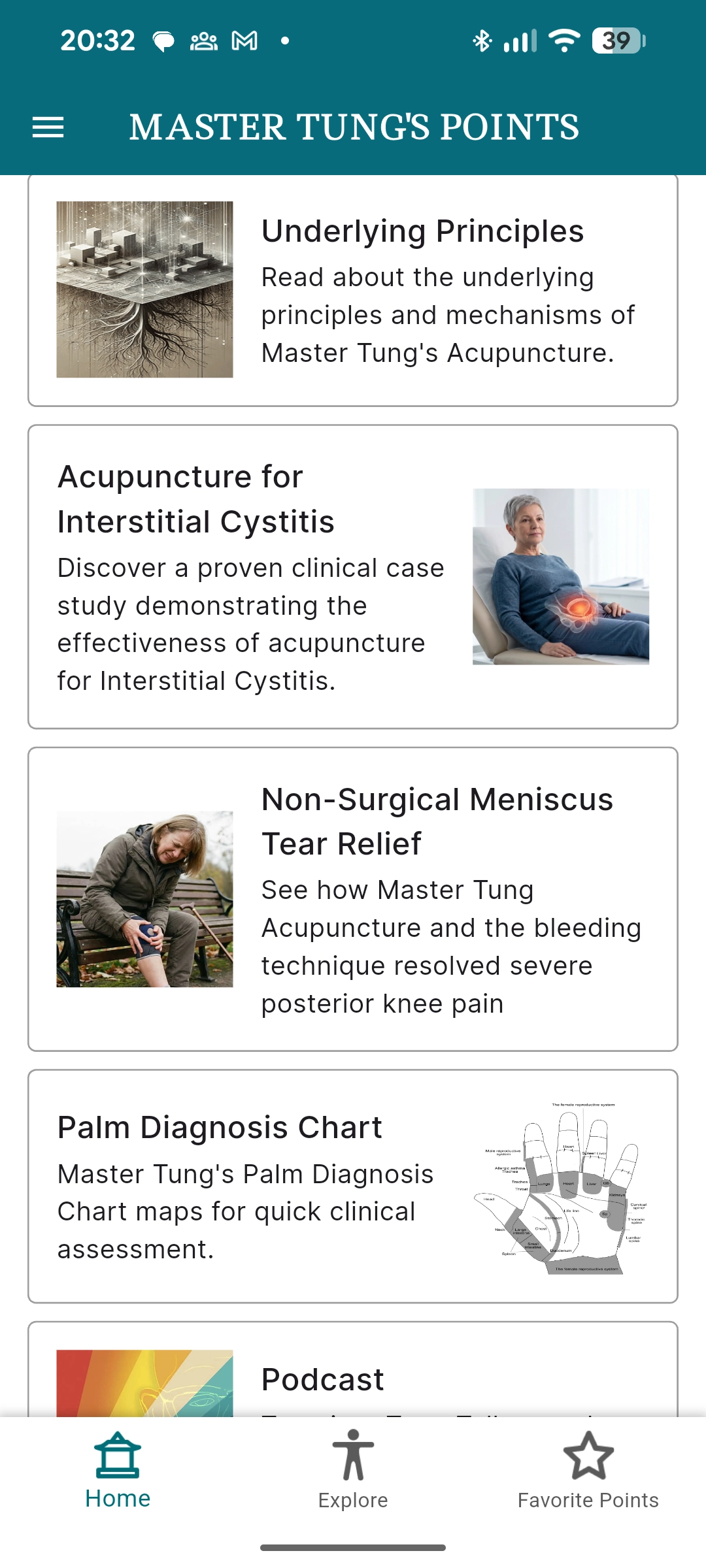 Clinical cases and resources in the Master Tung's Points app — acupuncture for interstitial cystitis, non-surgical meniscus tear relief and the palm diagnosis chart