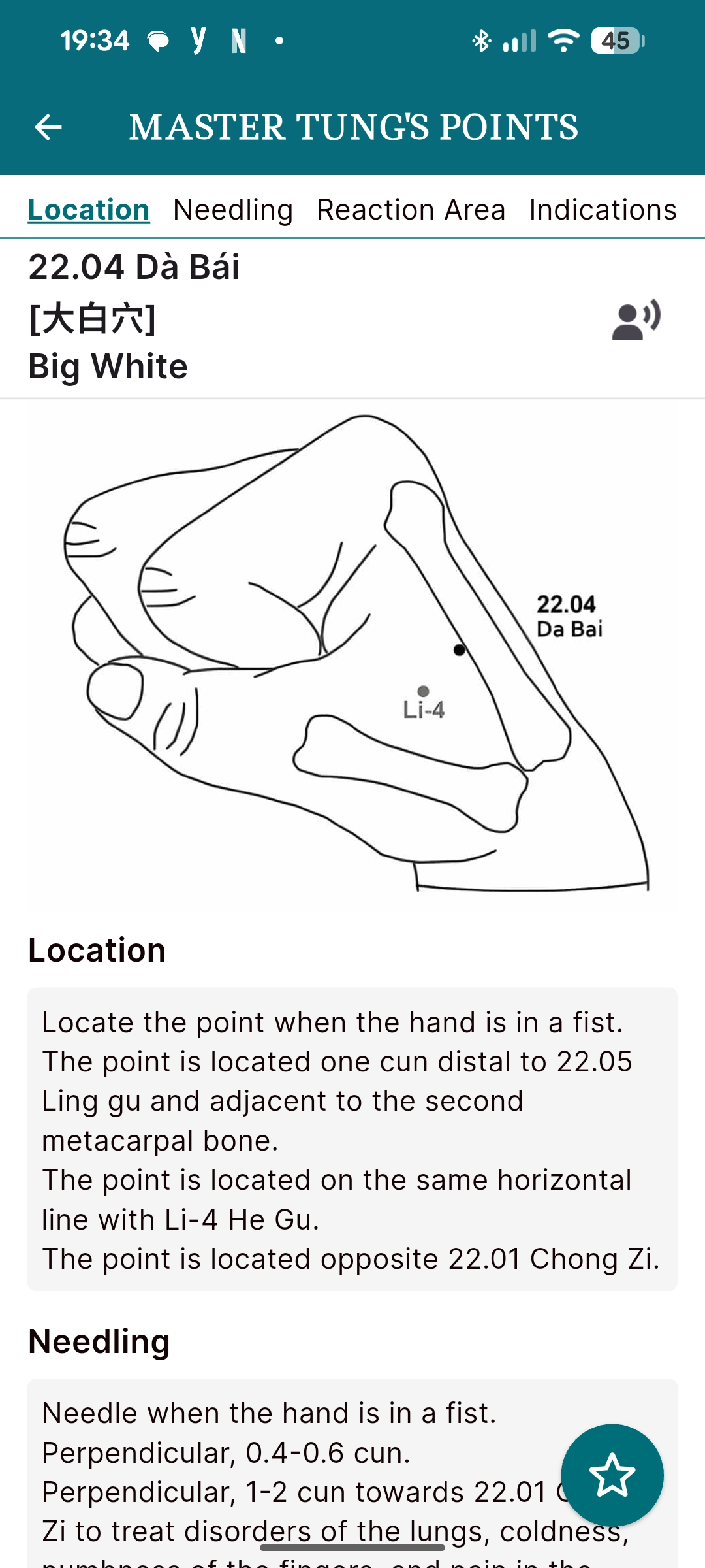 Point 22.04 Dà Bái detail screen with Location, Needling, Reaction Area and Indications tabs