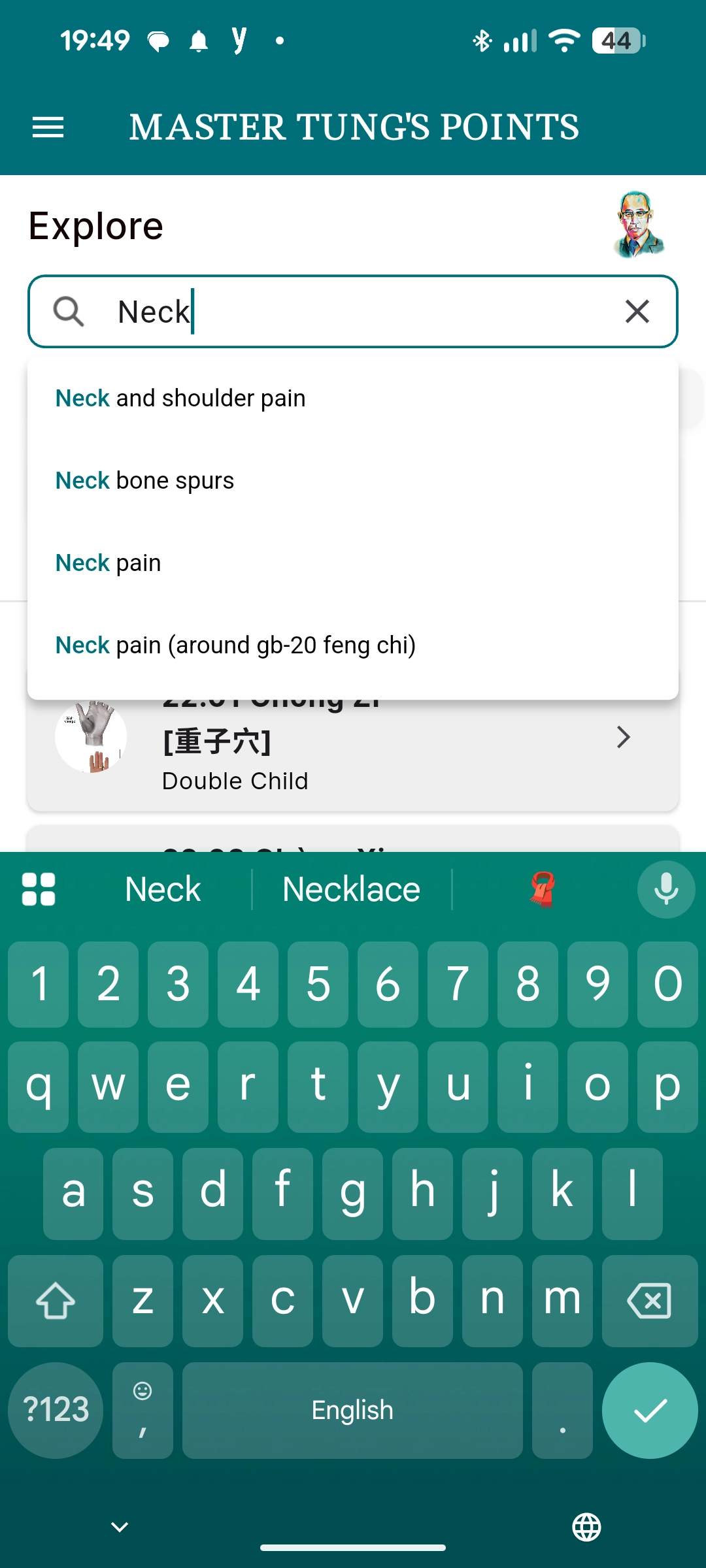Searching the Master Tung's Points app for "neck" — suggesting neck and shoulder pain, neck bone spurs and neck pain